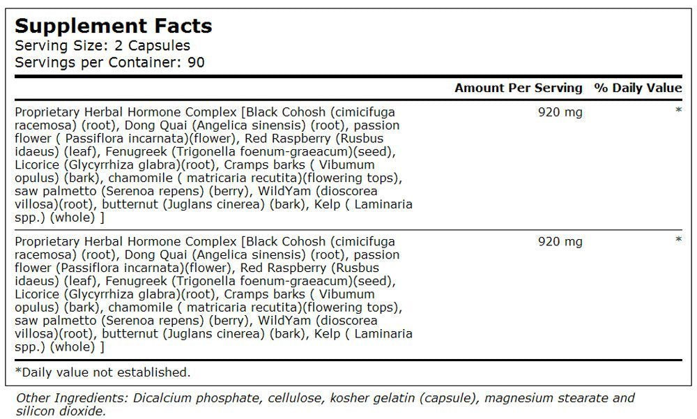 Vitacost Complexe hormonal à base d’herbes – flacon de gélules, utilisation quotidienne possible.