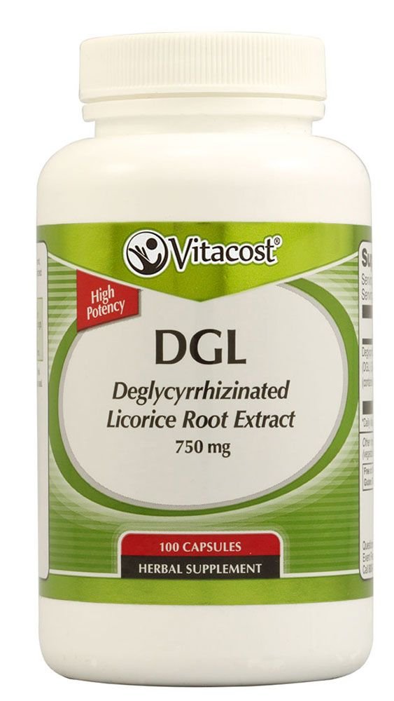 Vitacost DGL bouteille 750 mg extrait de réglisse déglycyrrhiziné usage avant les repas