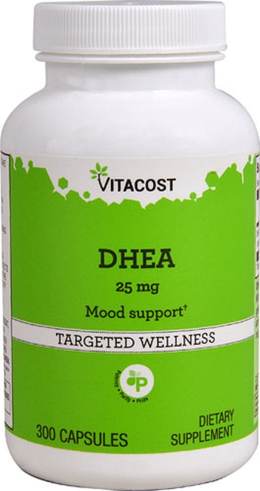 Vitacost DHEA libération différée sur bouteille, soutien potentiel à l'équilibre hormonal.