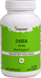 Vitacost DHEA libération différée sur bouteille, soutien potentiel à l'équilibre hormonal.