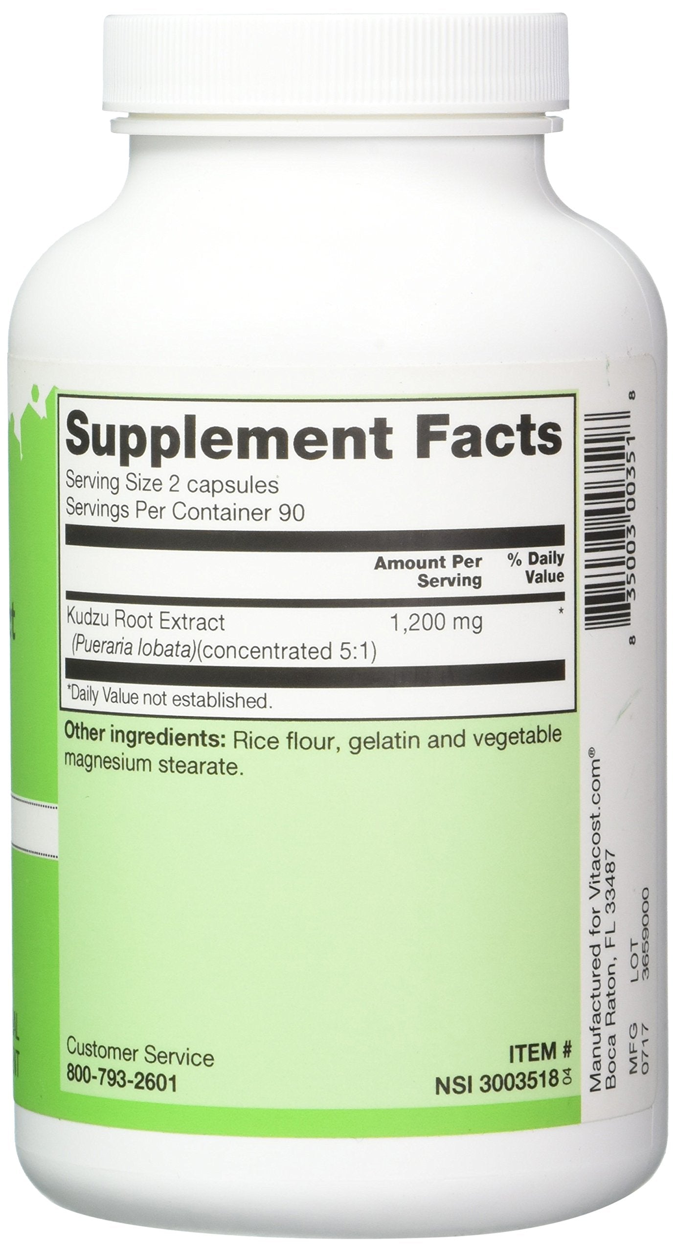 Étiquette Vitacost Kudzu, information claire et dosage recommandé.