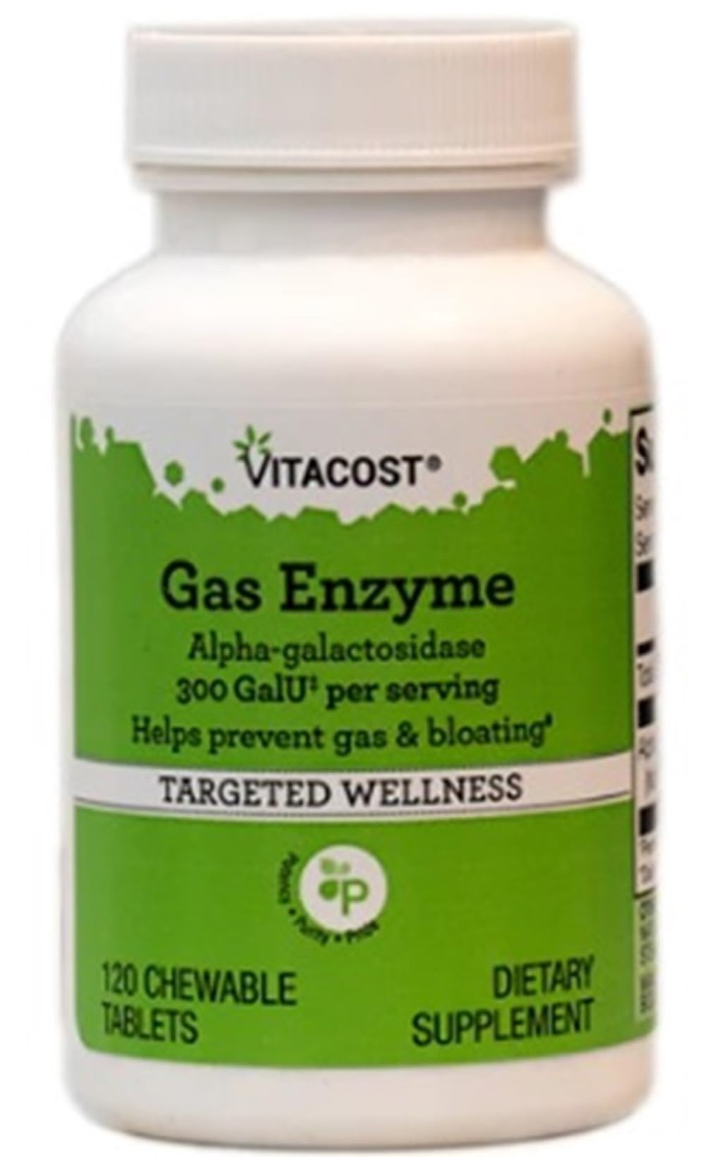 Vitacost Gas Enzyme Alpha-galactosidase—comprimés mâchables dans leur emballage pour une digestion facilitée.