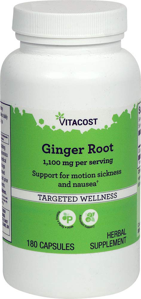 Vitacost Gingembre Racine, bouteille de 180 gélules, peut apporter un soutien digestif lors des déplacements.
