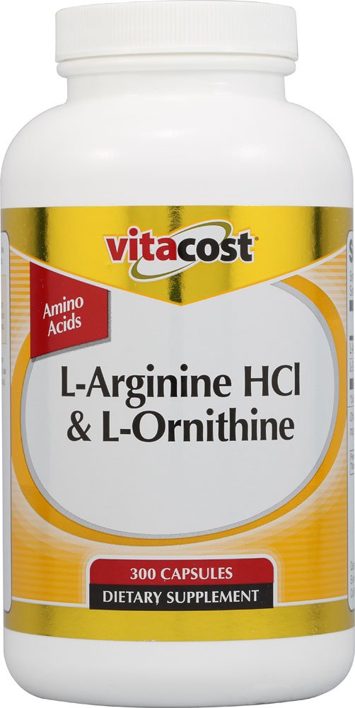 Vitacost L-Arginine HCl & L-Ornithine – bouteille affichant l’étiquette et le potentiel soutien à l’endurance.