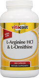 Vitacost L-Arginine HCl & L-Ornithine – bouteille affichant l’étiquette et le potentiel soutien à l’endurance.
