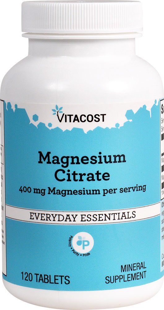 Vitacost Magnésium Citrate – vue de la bouteille et des comprimés, soutien potentiel musculaire et nerveux