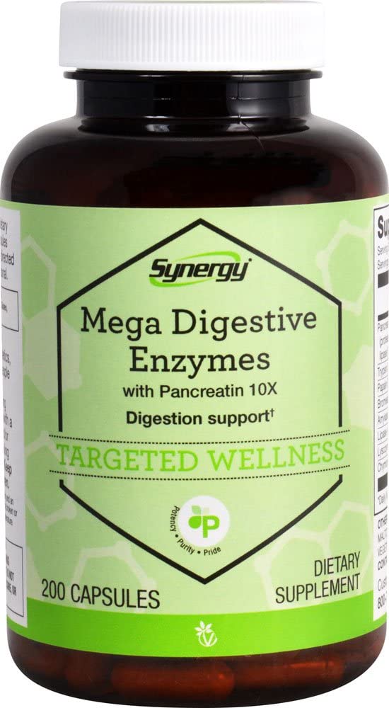 Vitacost Mega Digestive Enzymes Pancreatin 10X, bouteille, soutiennent la digestion et l'absorption des nutriments.