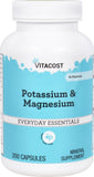 Flacon Vitacost Potassium et Magnésium, 200 capsules, soutien potentiel des muscles et du métabolisme.
