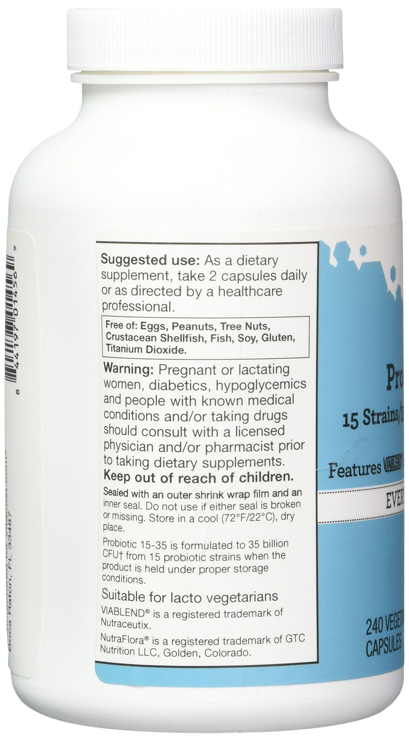 Vitacost Probiotic 15-35: étiquette claire décrivant les souches et les unités viables.