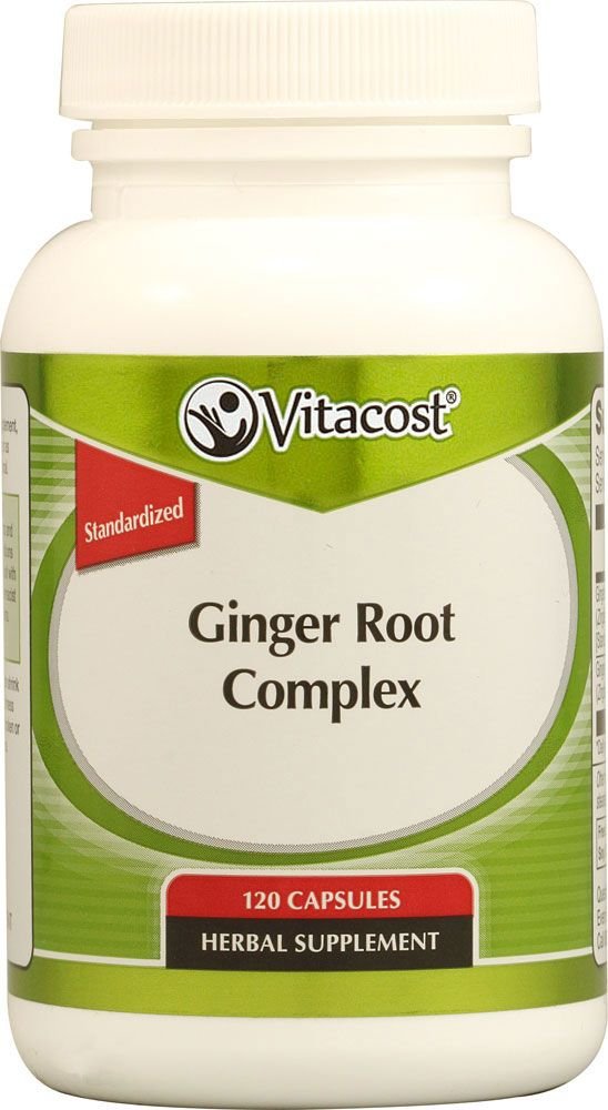 Vitacost Complexe Racine de Gingembre, bouteille, soutien potentiel à la digestion et au bien-être.