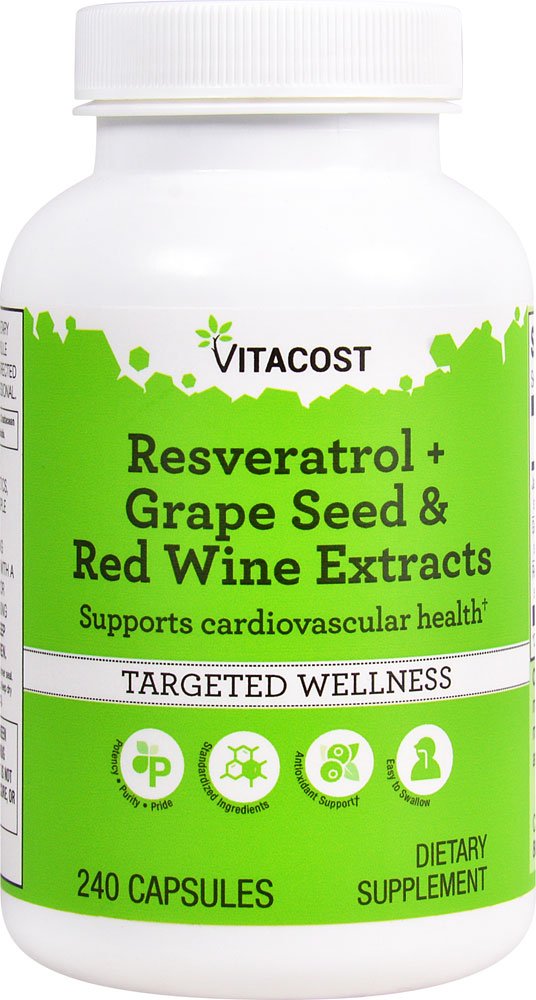 Vitacost Résveratrol – flacon avec pépins de raisin, soutien antioxydant potentiel.