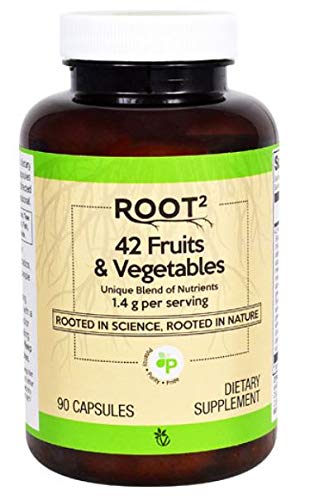 Vitacost ROOT2: Bouteille de capsules montrant le mélange fruits et légumes pour un apport quotidien