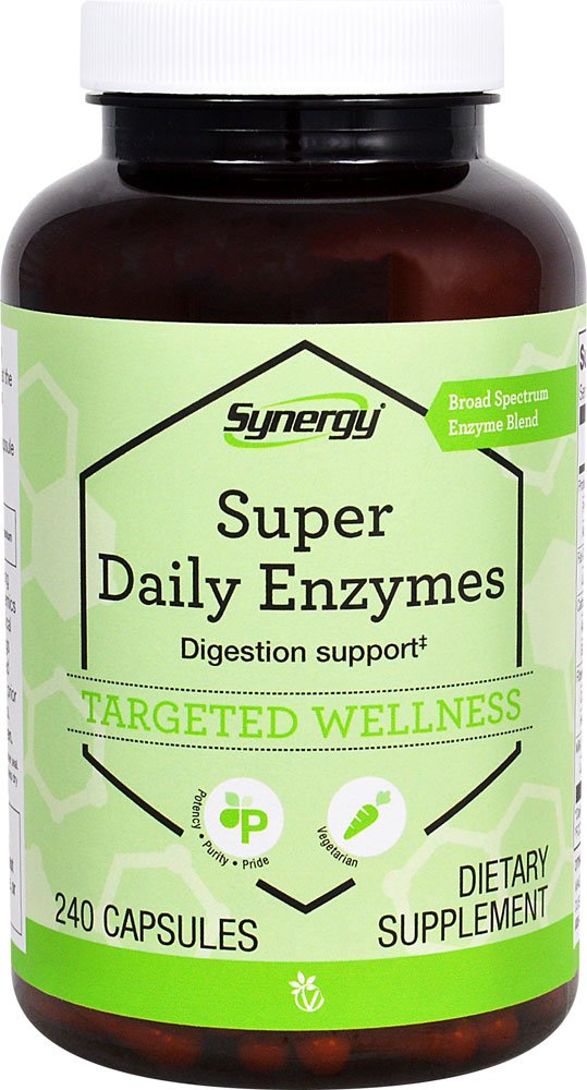 Vitacost Super Daily Enzymes : bouteille et capsules pour une digestion polyvalente.
