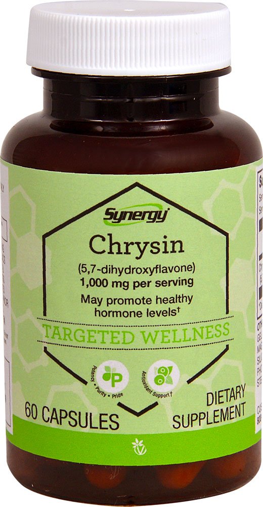 Vitacost Synergy Chrysin, bouteille de capsules, soutien antioxydant et usage quotidien pratique.