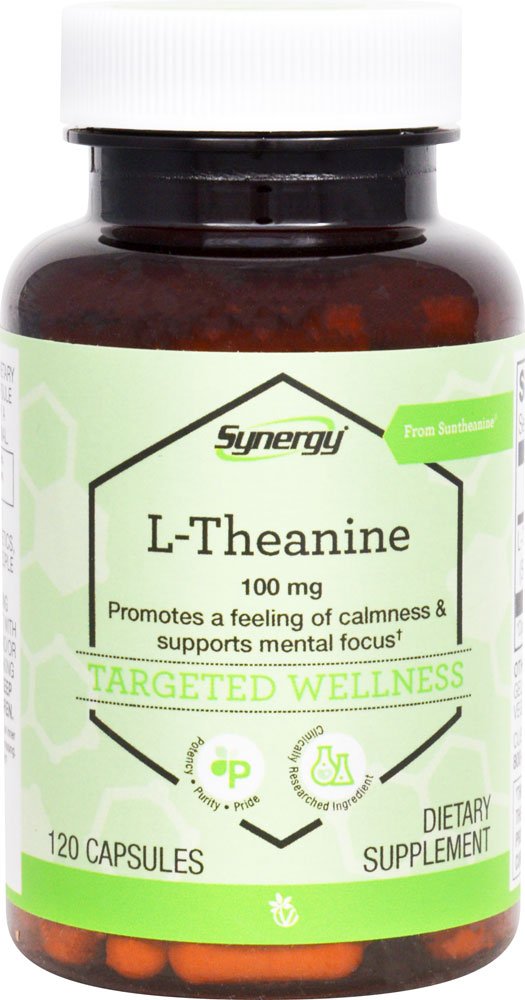 Vitacost Synergy L-Theanine, bouteille de capsules pour le calme et la concentration.