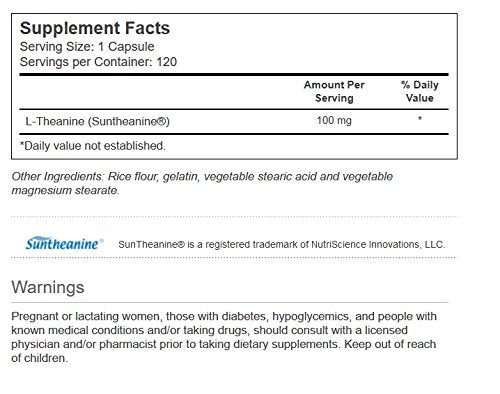 Vitacost Synergy L-Theanine, emballage carton montrant les capsules faciles à prendre pour le focus.
