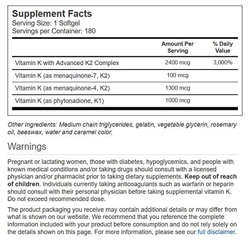Vitacost Ultra Vitamine K – gélules molles, présentation pratique pour l'absorption des vitamines liposolubles