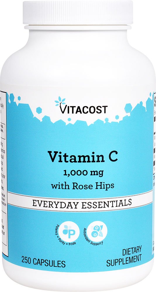 Bouteille Vitacost vitamine C 1000 mg avec cynorrhodon, soutien potentiel du bien-être quotidien.