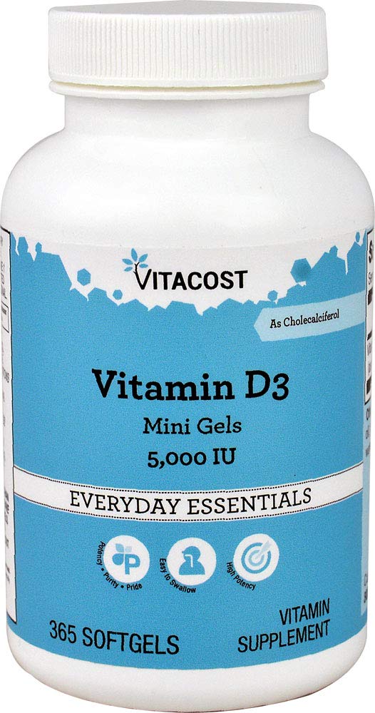Vitacost Vitamine D3 5000 UI, mini-gélules faciles à avaler pour un apport quotidien pratique.