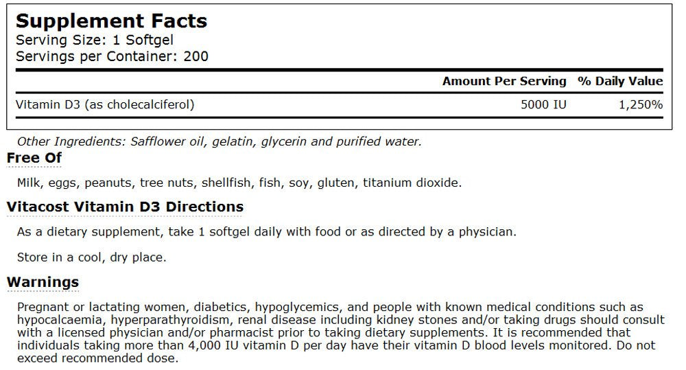Vitacost Vitamin D3 5000 UI – prise quotidienne, favorise l’absorption du calcium et le système immunitaire.