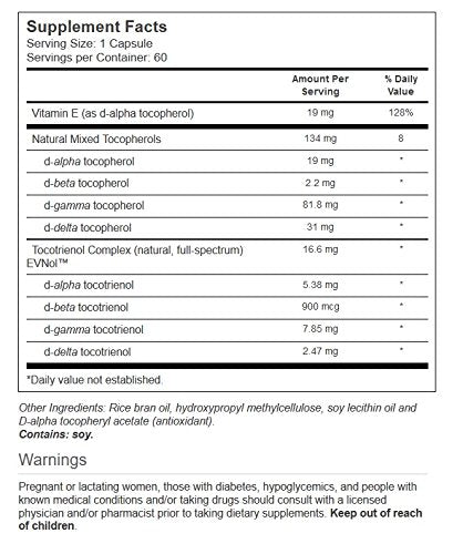 Vitacost vitamine E tocotriénol complexe bouteille, étiquette indiquant ingrédients végétariens et pureté
