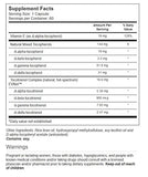 Vitacost vitamine E tocotriénol complexe bouteille, étiquette indiquant ingrédients végétariens et pureté
