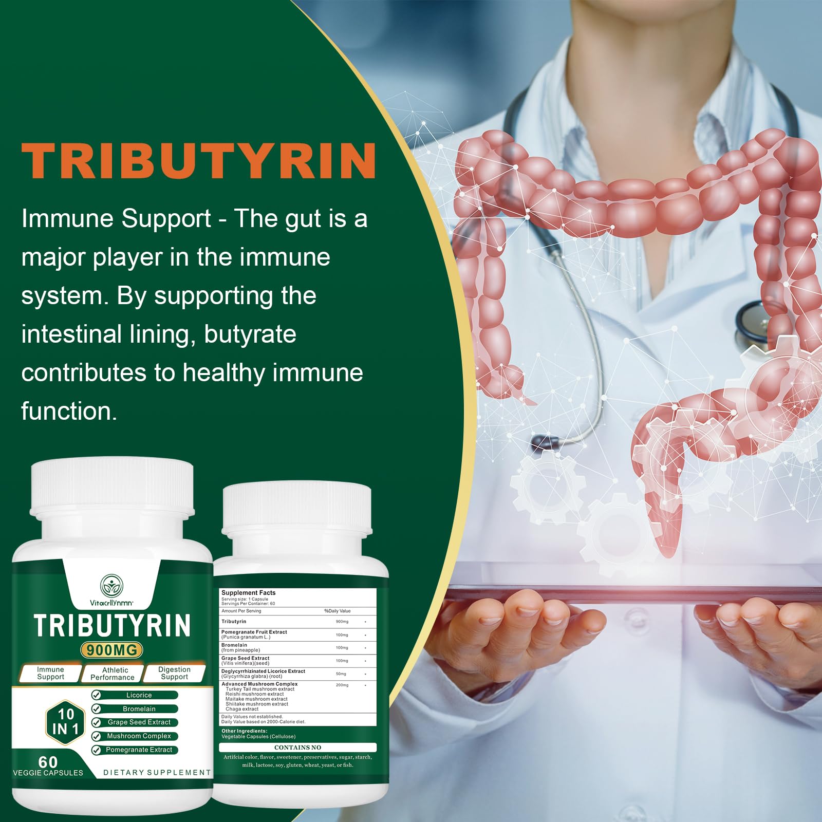 Complexe 11-en-1 de VITACRLLYNMN, gélule multi-ingrédients pour le confort intestinal.