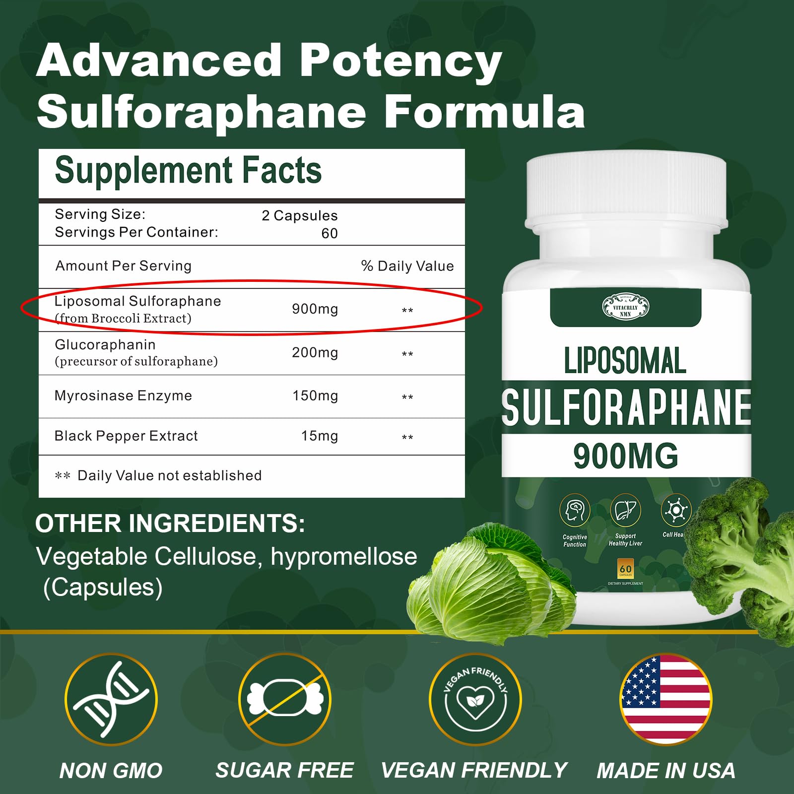 Gélules Vitacrllynmn de sulforaphane liposomal 900mg, faciles à avaler.