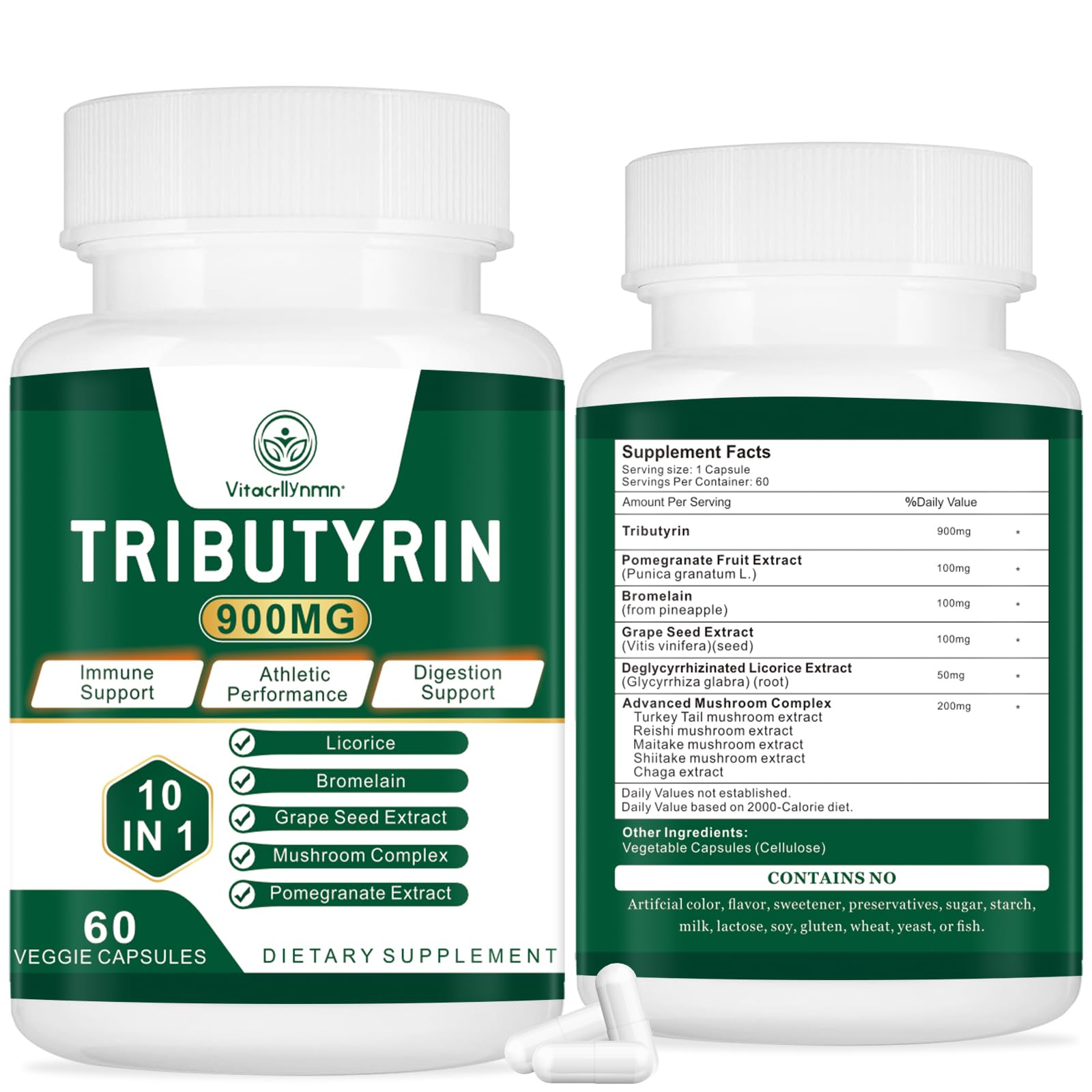 VITACRLLYNMN Tributyrin, bouteille montrant des gélules de 900 mg, soutien digestif potentiel.