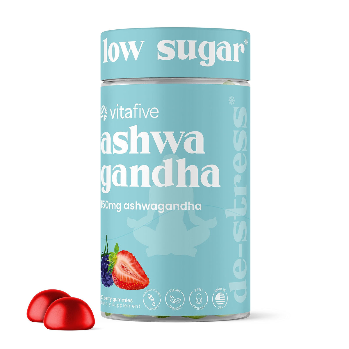Gommes Vitafive Ashwagandha avec B12 dans la boîte, pratique pour le quotidien.