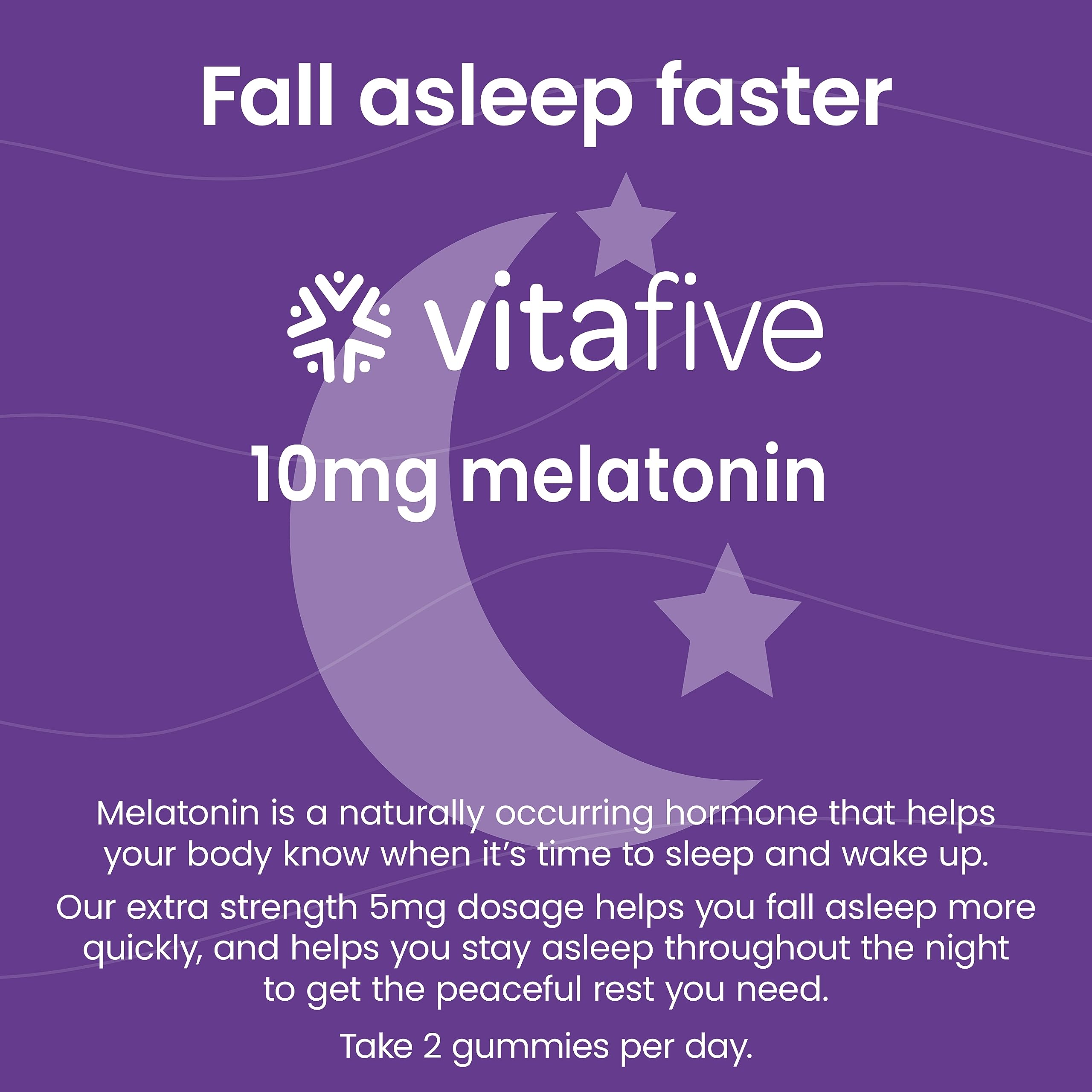 Gommes Vitafive Mélatonine 10 mg dans la bouteille ouverte, dose pratique.