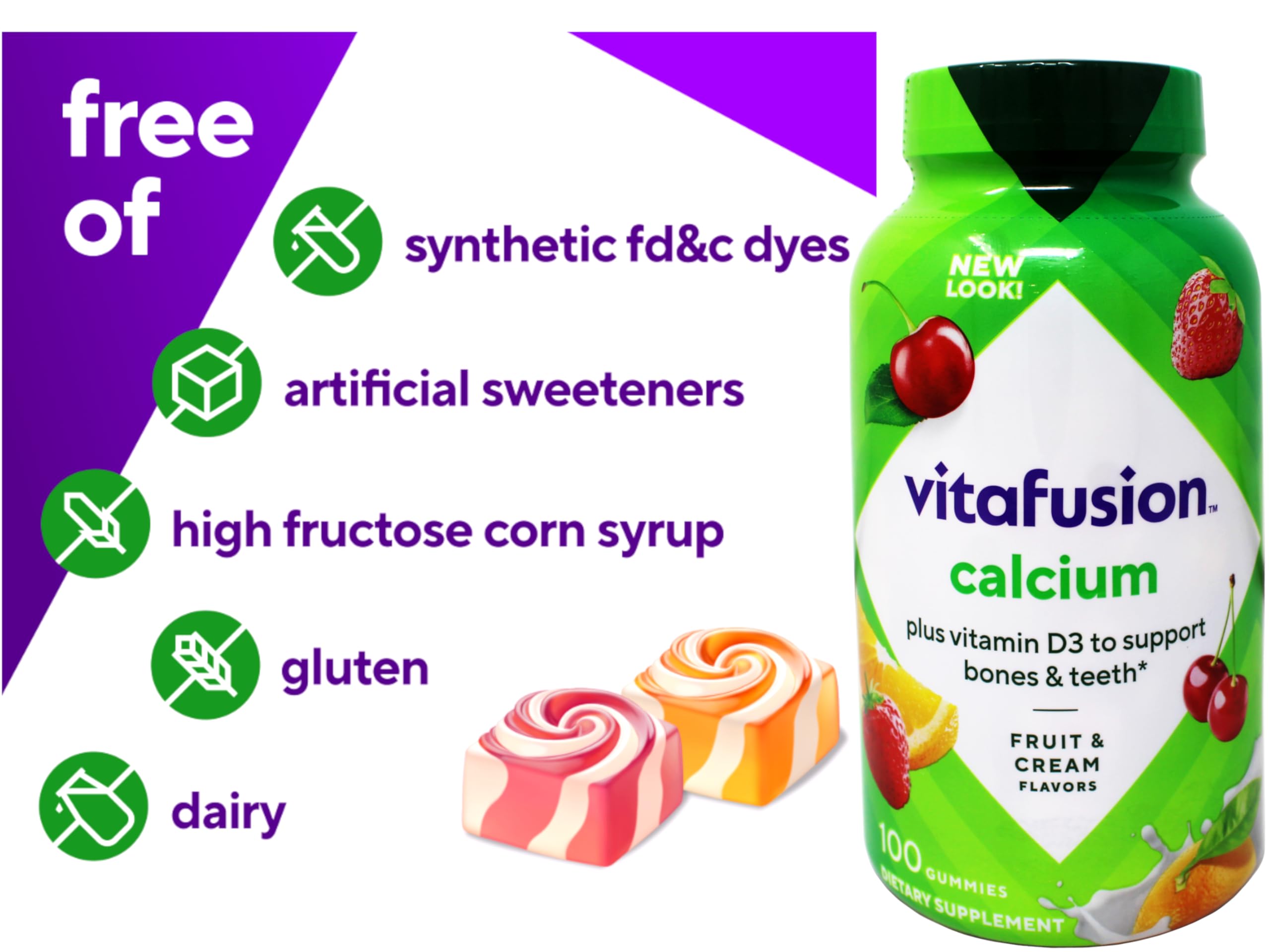 Vitafusion Calcium 500 mg close-up gommes, gommes colorées et naturelles.