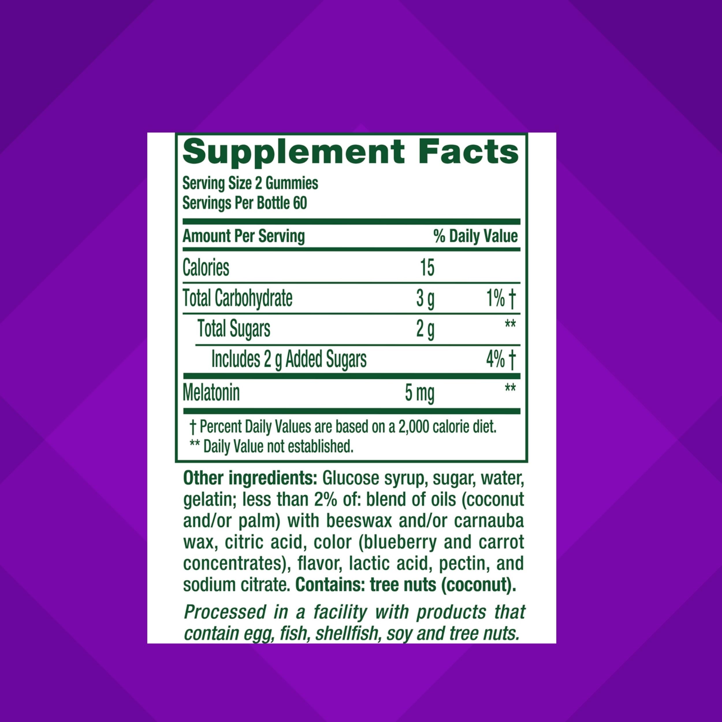 Gomme saveur myrtille Vitafusion Mélatonine 5 mg pour une prise agréable.