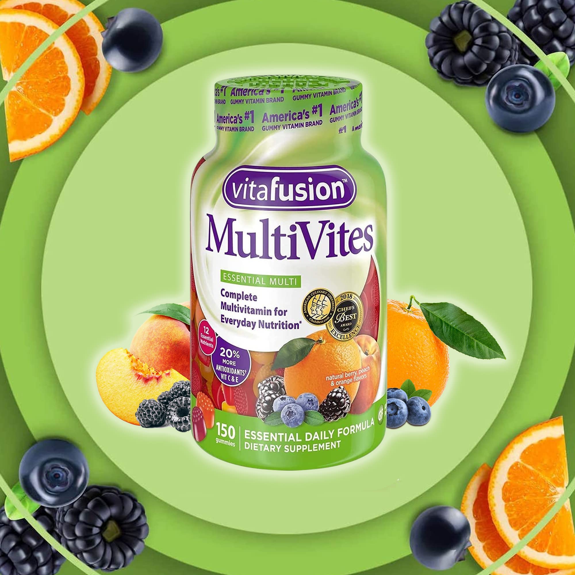 Vitafusion MultiVites: gommes-arome-orange, goût rafraîchissant et énergie au quotidien.