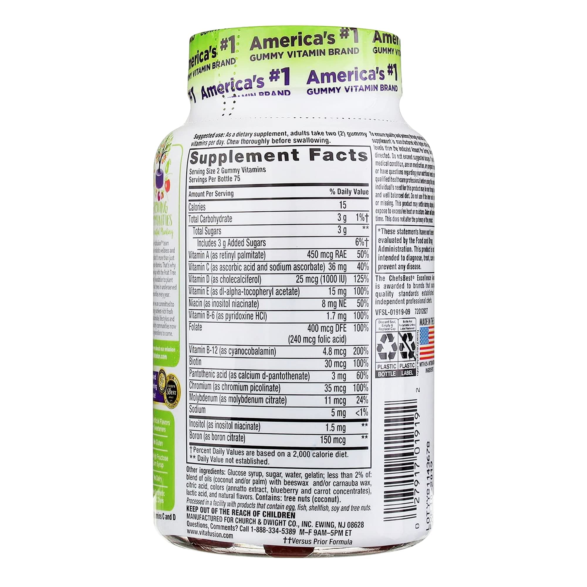 Vitafusion MultiVites: gommes-aromes-peche, saveur fruitée et pratique pour les adultes.