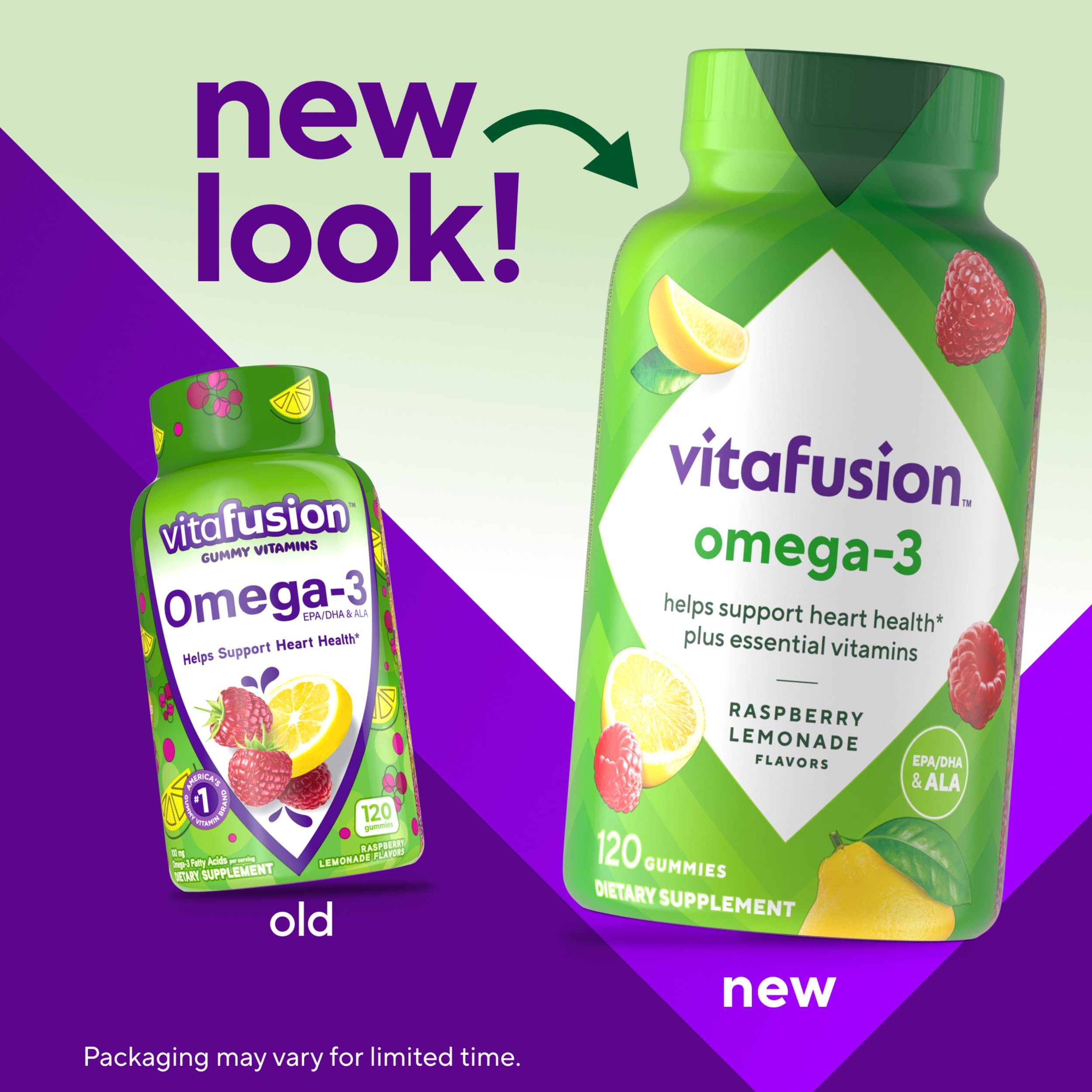 Vitafusion Gommes Oméga-3, bouteille fermée, texture gomme agréable et sans goût de poisson.