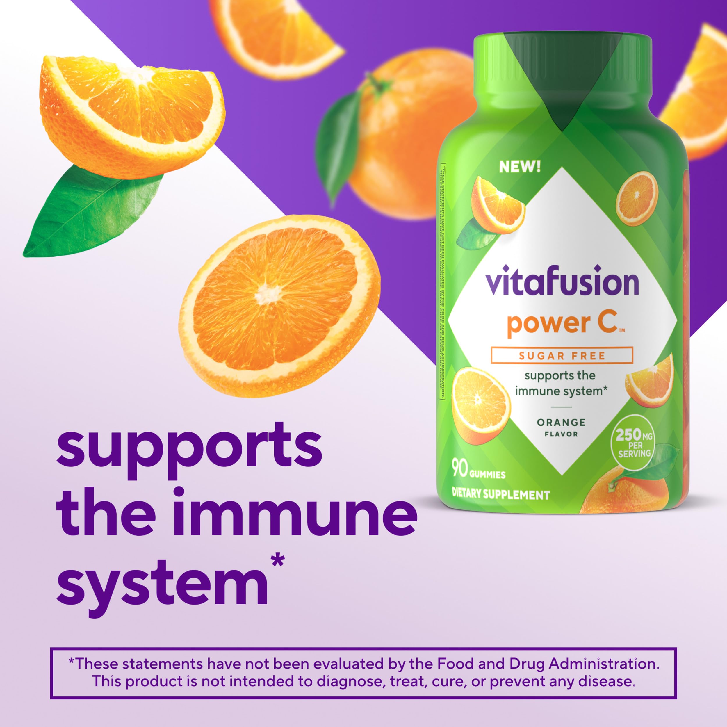 Gommes orange Vitafusion Power C sans sucre, goût rafraîchissant.