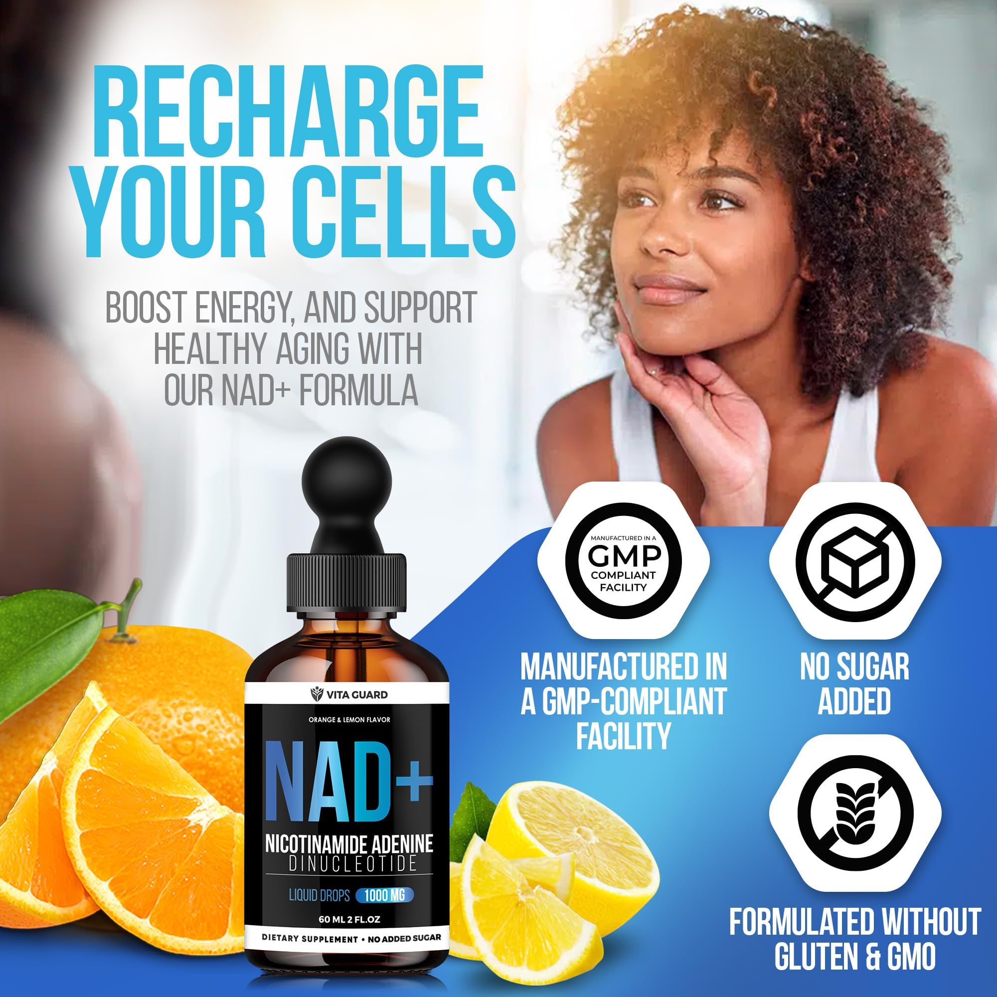 Vita Guard Pure NAD+ Drops, pratique à emporter en voyage ou travail.