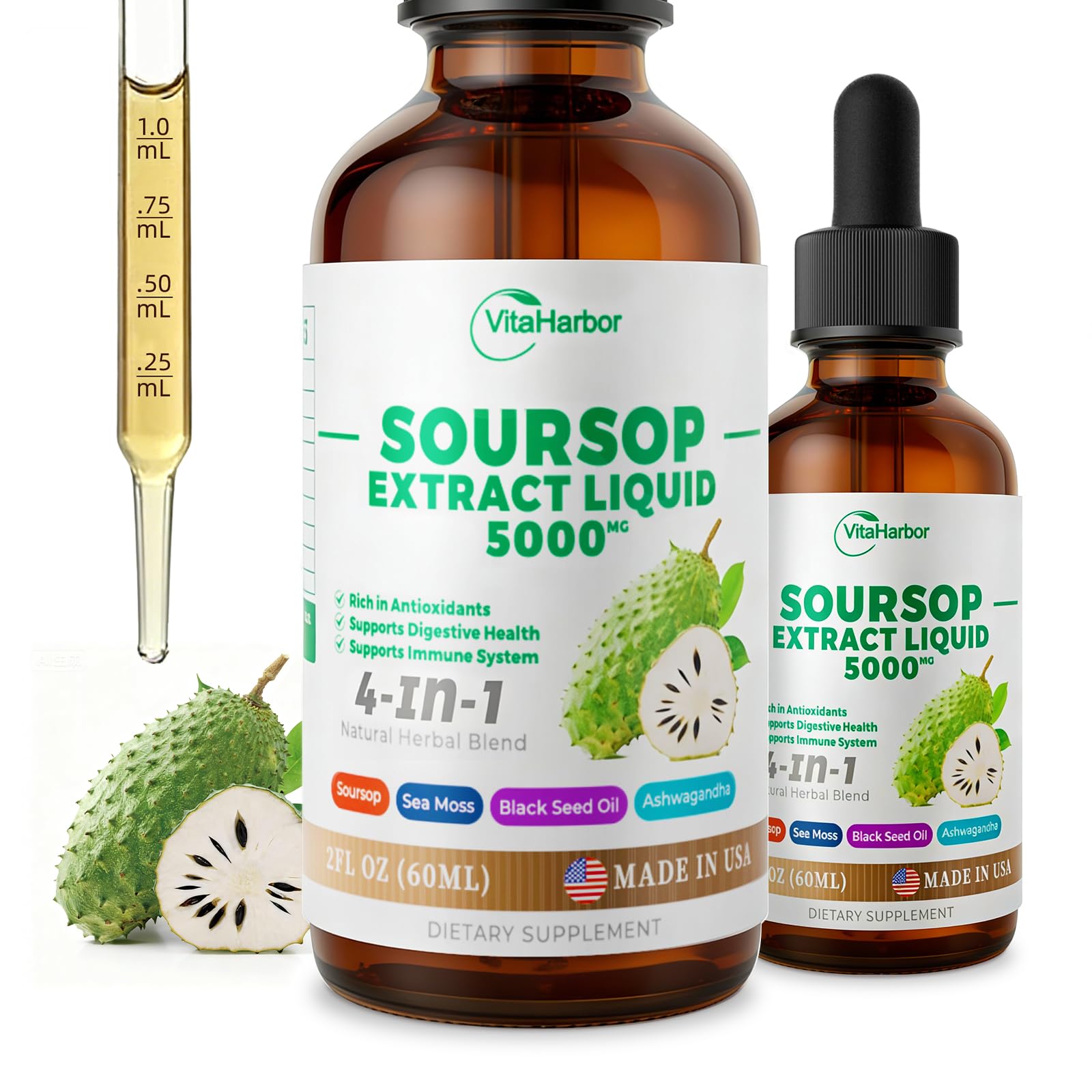 VitaHarbor Corossol 4-en-1: bouteille prête pour un soutien immunitaire potentiel.