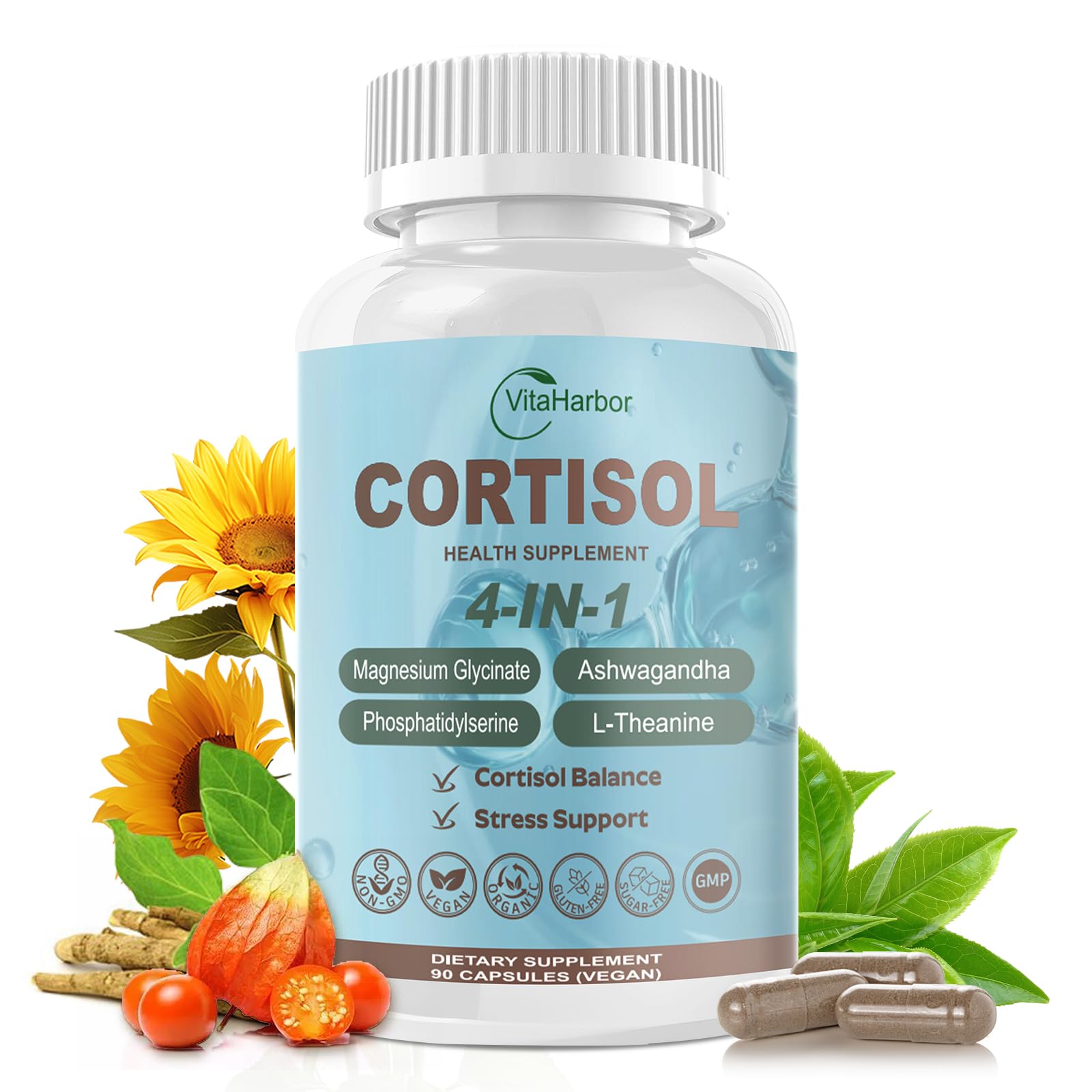 VitaHarbor Cortisol - bouteille: soutien calme pour le quotidien.