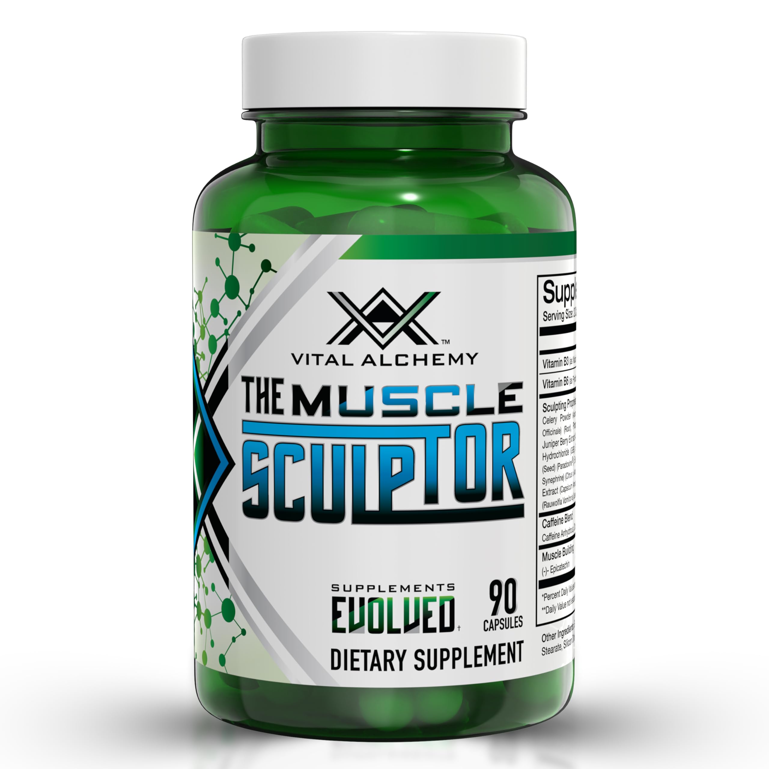 Vital Alchemy The Muscle Sculptor, bouteille affichant l'emballage, peut soutenir la croissance musculaire et l'énergie.