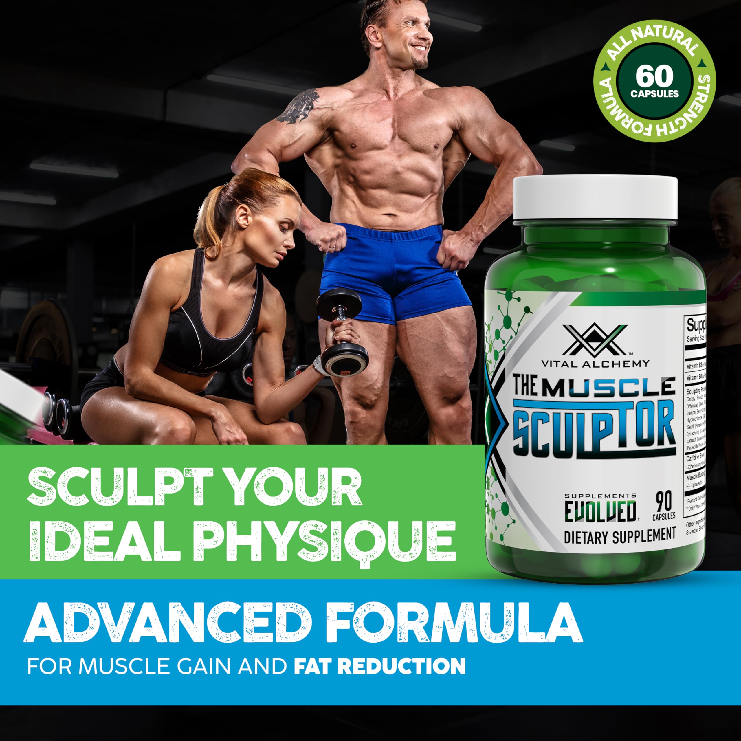 Vital Alchemy The Muscle Sculptor, capsules visibles, potentiellement pour favoriser la récupération et la synthèse des protéines.