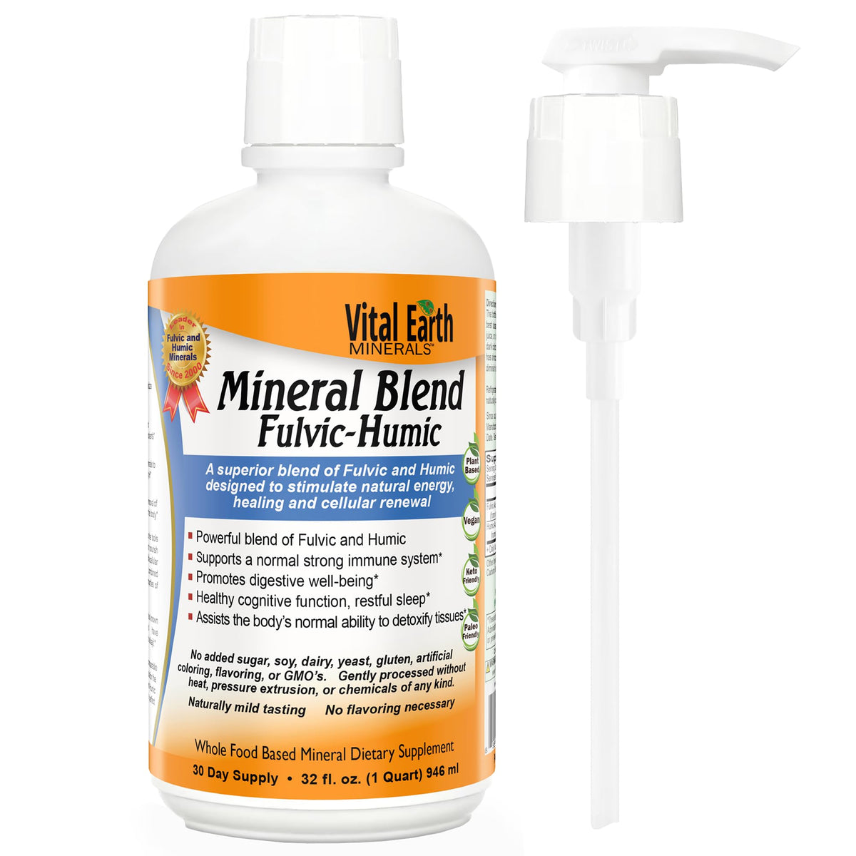 Vital Earth Minerals, bouteille-pompe Fulvic Humique, dosage pratique et neutre.
