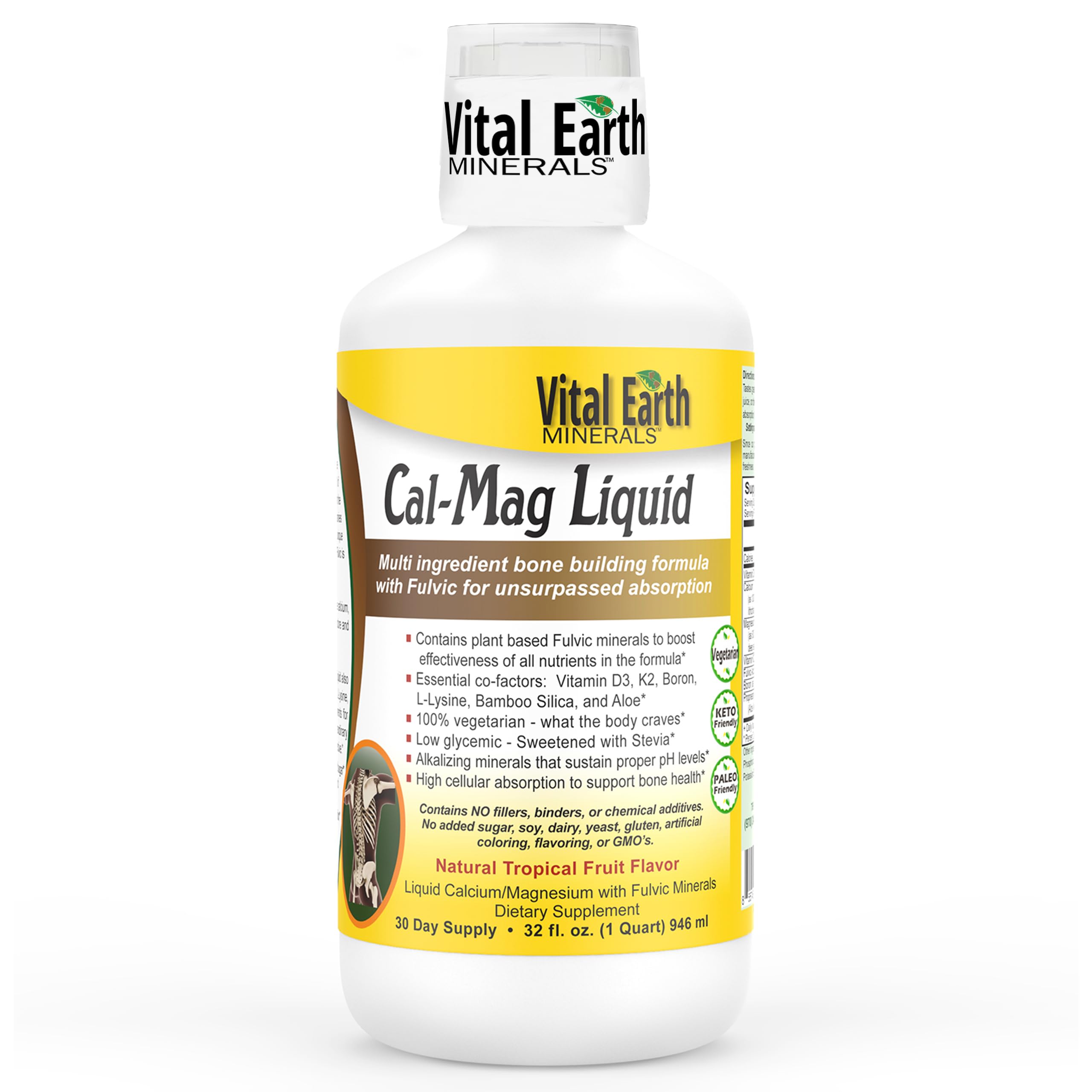 Vital Earth Minerals Cal-Mag Liquide — bouteille claire montrant la formule pour absorption facilitée.