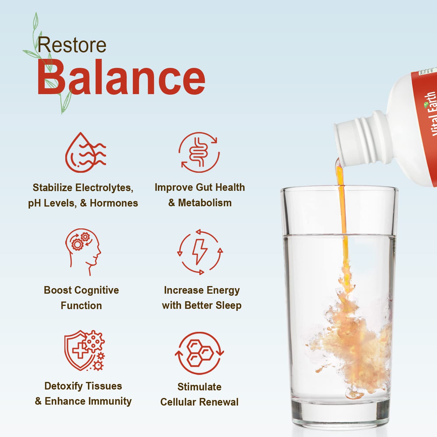 Vital Earth Minerals, emballage BPA-free en format 32oz.