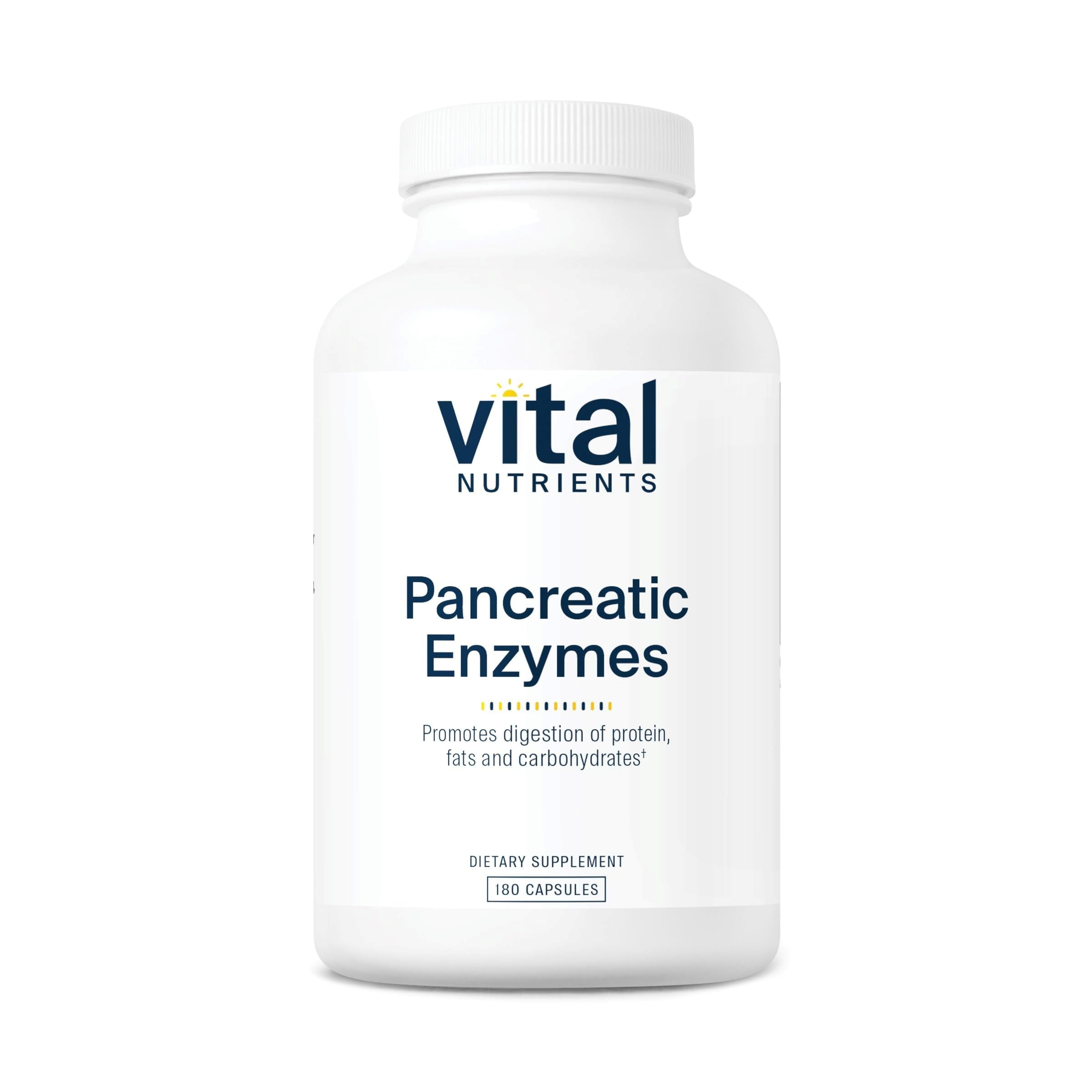 Vital Nutrients Pancreatiques : bouteille et pilules pour une digestion douce après les repas.