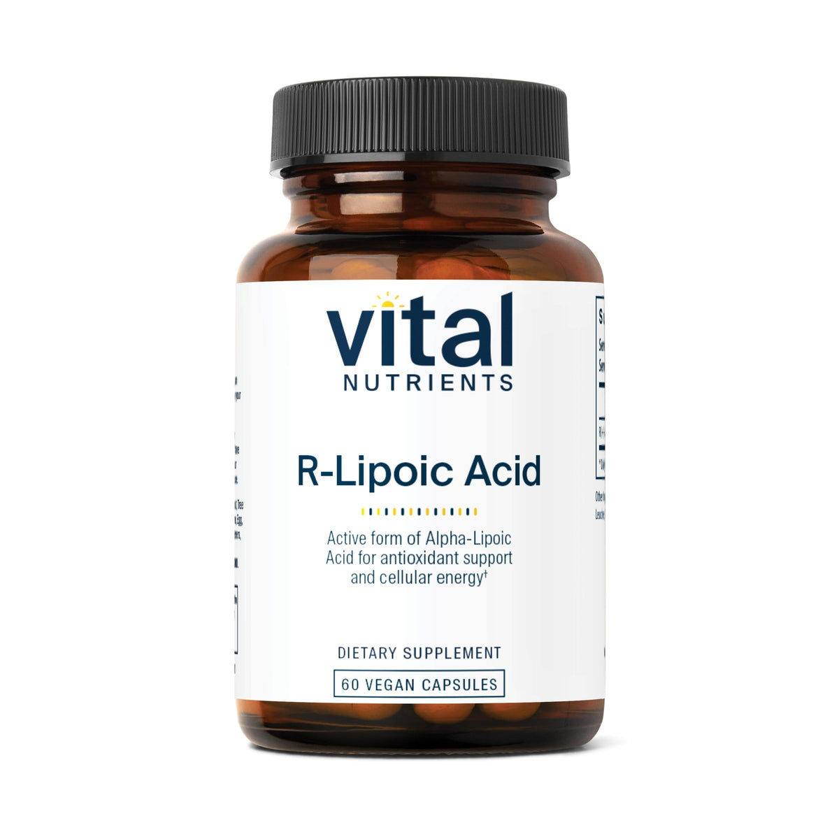 Vital Nutrients Acide R-Lipoïque : bouteille présentant les capsules, soutien potentiel au métabolisme.