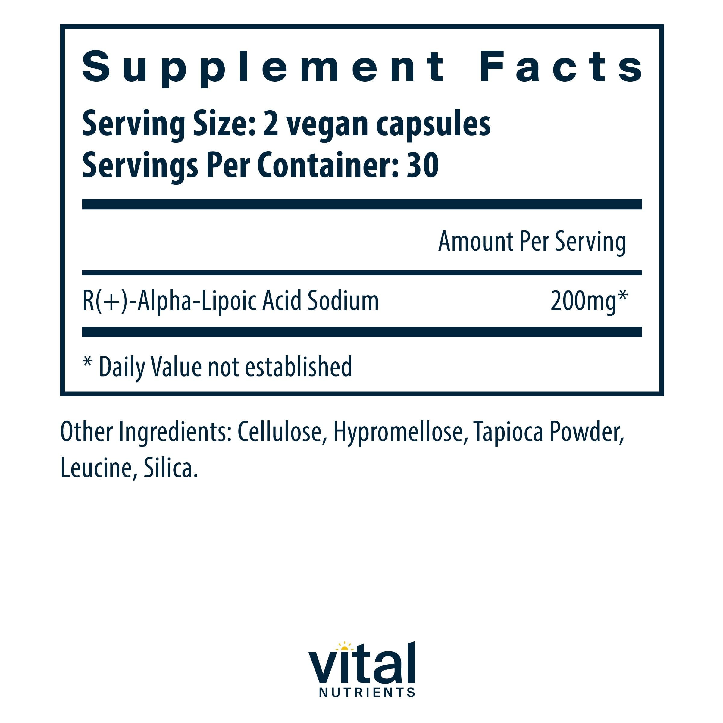 Vital Nutrients Acide R-Lipoïque : capsules visibles, énergie potentielle et soutien cellulaire.