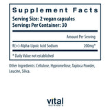 Vital Nutrients Acide R-Lipoïque : capsules visibles, énergie potentielle et soutien cellulaire.
