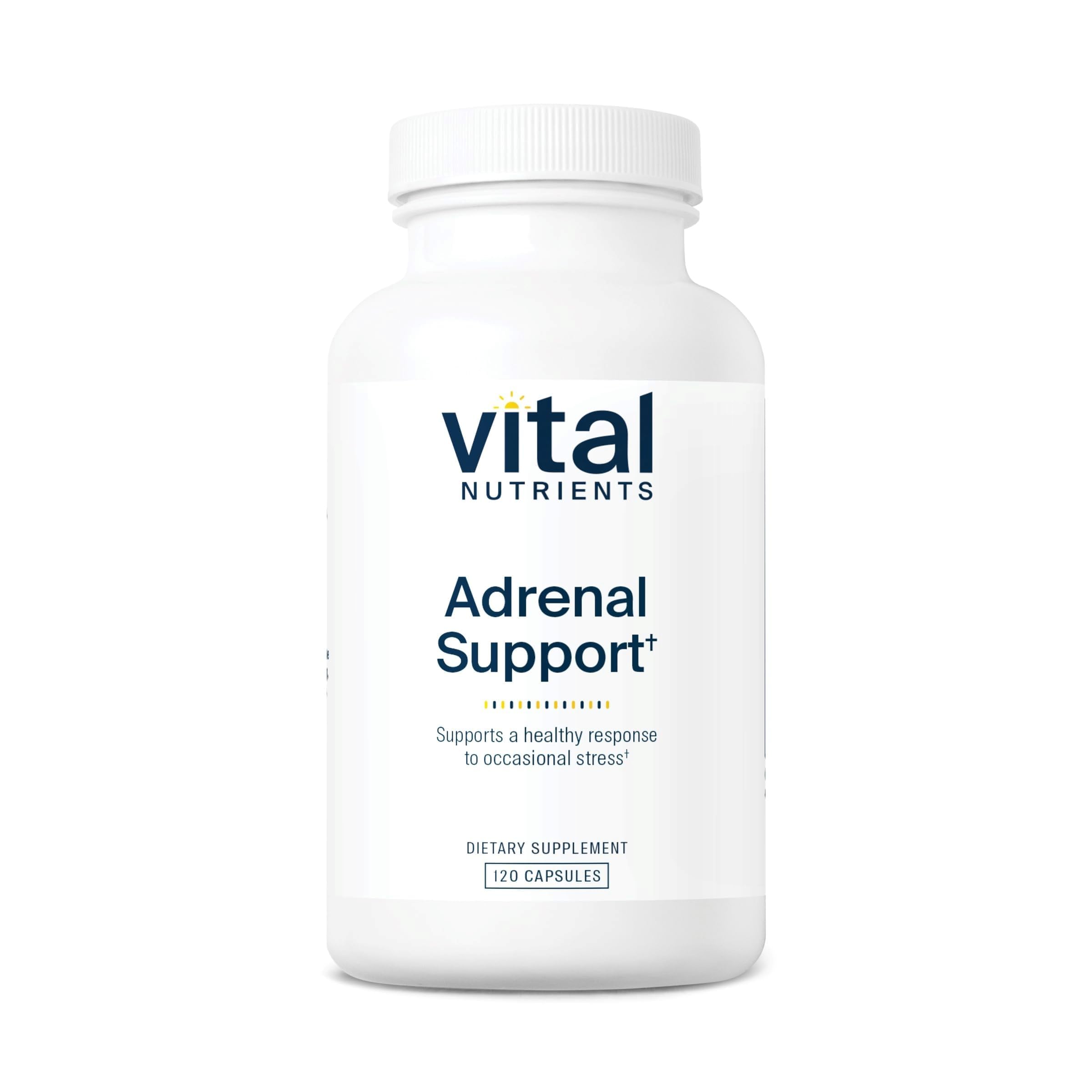 Vital Nutrients Adrenal Support, bouteille verse, peut soutenir énergie et gestion du stress.